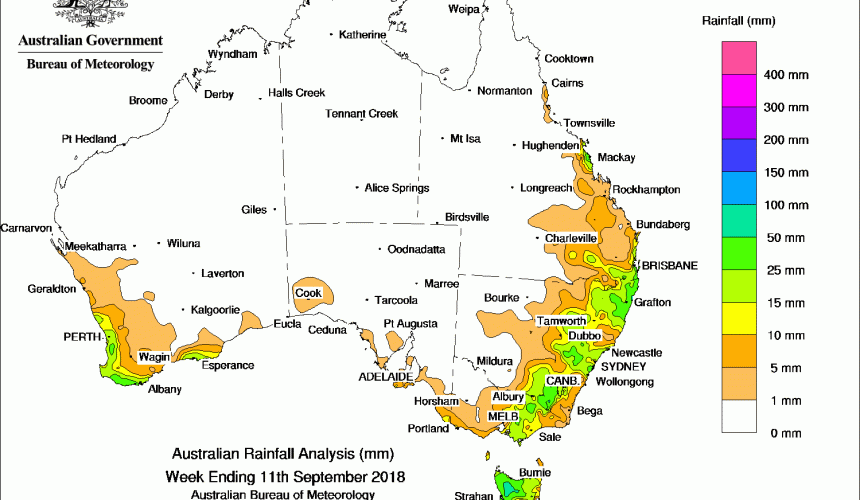 Weekly rainfall wrap + 14 day rain outlook, 12 Sept 2018