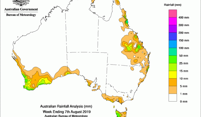 Weekly rainfall wrap + rain outlook, 7 Aug 2019