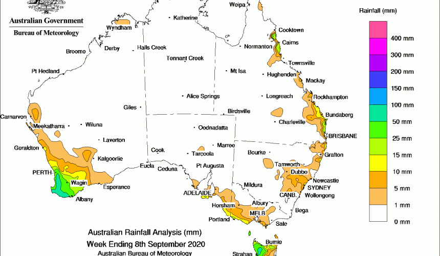 Weekly rainfall wrap + rain outlook, 9 Sept 2020