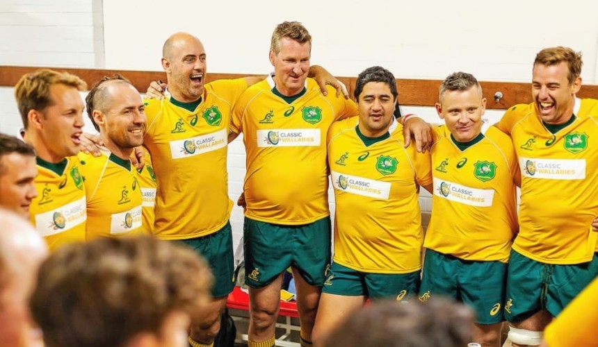 Classic Wallabies line up against Beef Barbarians team during Beef 2021