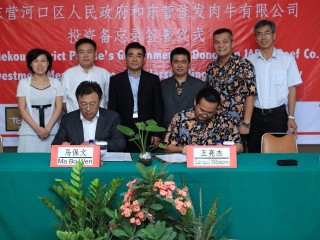 Hekou District Government Deputy Head Baowen Ma and Japfa Beef Division General Manager Samuel Wibisono sign an MOU to build a new feedlot in China last week.