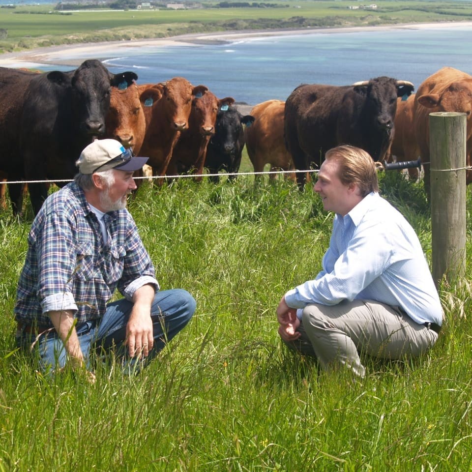 Footage was shot on John Bruce's idyllic coastal property near Stanley, in Tasmania's Northwest. John is pictured with Cape Grim program director, Peter Grenham Jr.  