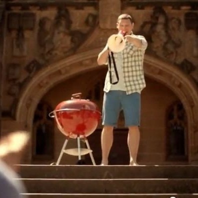 Merrick Watts appeals for support for his petition to re-make the "Aussie Shrimp on the barbie" ad in this still from MLA's TV ads