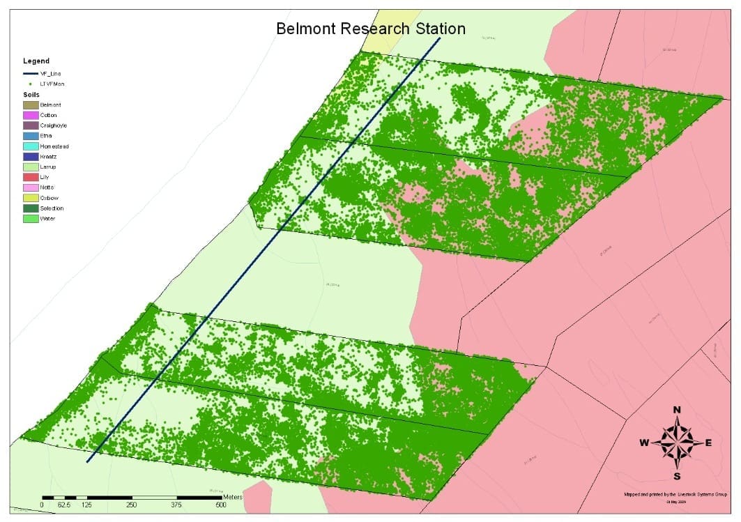 Paddocks before the activation of the eShepherd technology, with cattle location in green
