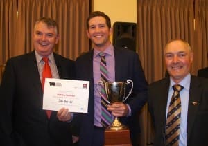 2014 Cattle Council of Australia Rising Champion Sam Becker with NAB Agribusiness' Geoff Rose and CCA president Andrew Ogilvie in Canberra last night,
