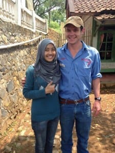Veterinary science student Elliot O’Farrell with an Indonesian student in Cimaung village.