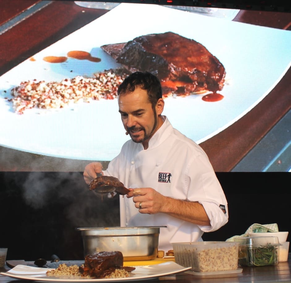 Chef cooking demonstration beef
