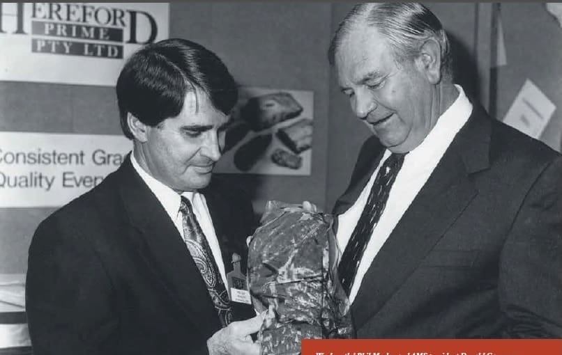 Phil Morley and lotfeeder Dugald Cameron at the launch of the TenderChoice brand trial in 1993