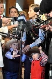Emily Brett with sons William and Lachlan address the media at Parliament House in Canberra in June 2011.