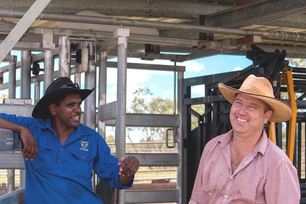 Lamboo Station manager Robin Yeeda and Haydn Sale, of Yougawalla Services, at Lamboo Station. Photo: Krisma May, DAFWA