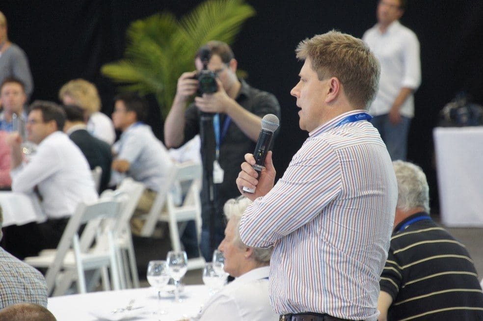 Beef Central publisher James Nason challenges a speaker during a seminar session on Monday