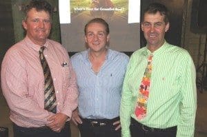 Peter Greenham Jr from Greenham Tasmania is congratulated onm the success of the company's Cape Grim brand by CCA president Howard Smith, right, and Agforce President Grant Maudsley