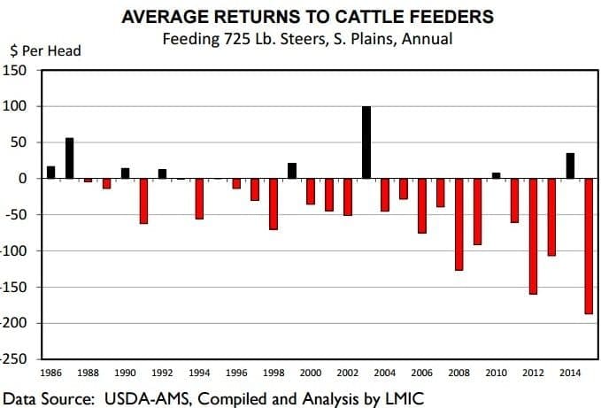 Average returns to US cattle feeders