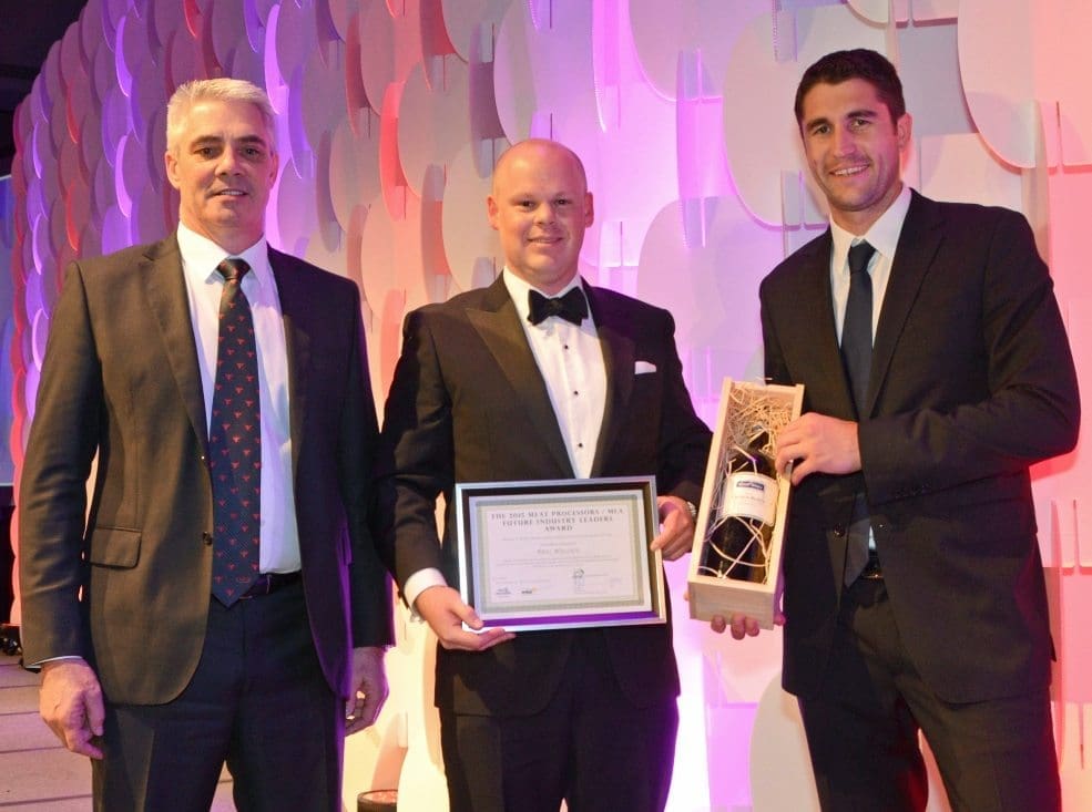 Jamie Ginders from Meat Processors and Ben Thomas from MLA congratulate NH Foods Paul Wallace, named as the 2015 Future Leaders Award winner.
