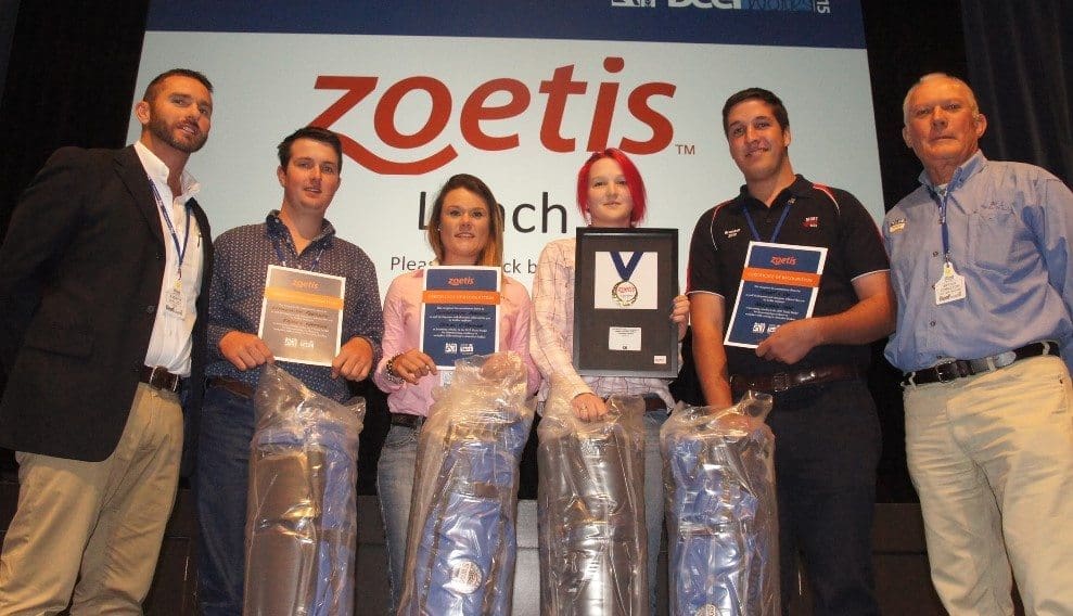 Zoetis Education medal finalists Brendan Orr, James Watson, Caitlin O’Connor and Lorelle Starr with New England TAFE's Brian Johnstone and Zoetis's Andrew Malloy