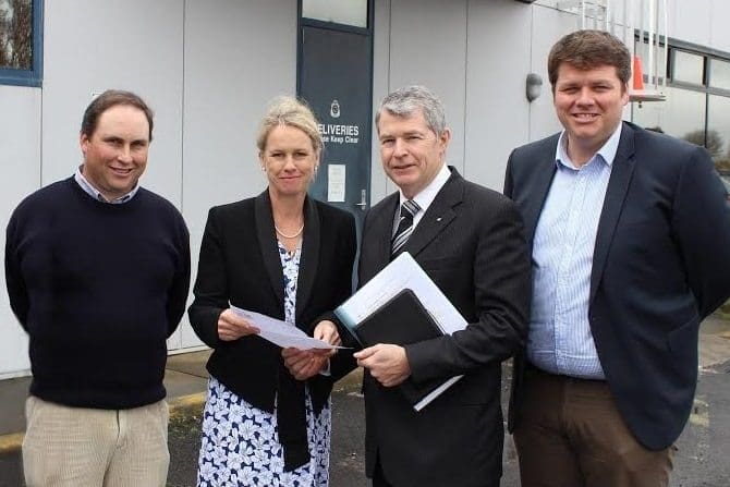 Livestock SA member Lachie Haynes, Koppamurra; assistant Health Minister Fiona Nash; SA Liberal Senator David Fawcett; and Livestock SA southern secretary Tom Dawkins.