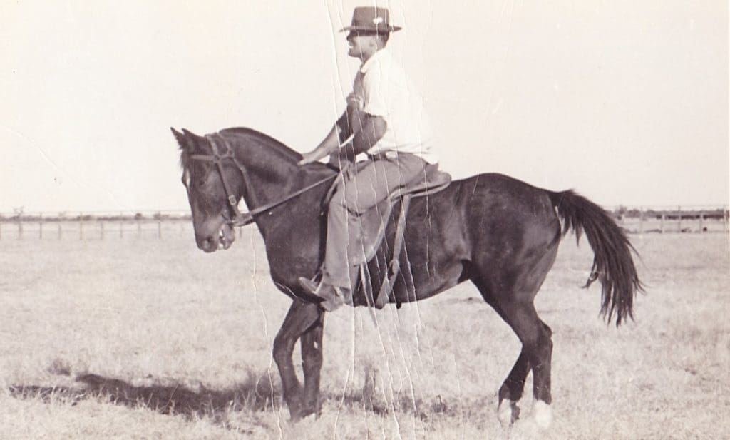 An early image of Perc Crumblin on his horse Rivers - possibly taken at Brunette Downs.