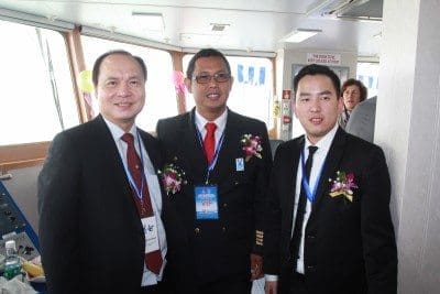 Indonesian cattle importers and lot feeders PJ and Daryl Hasan with Captain Murillo on the Greyman Express. TUM will take the first delivery of cattle from the vessel in April.