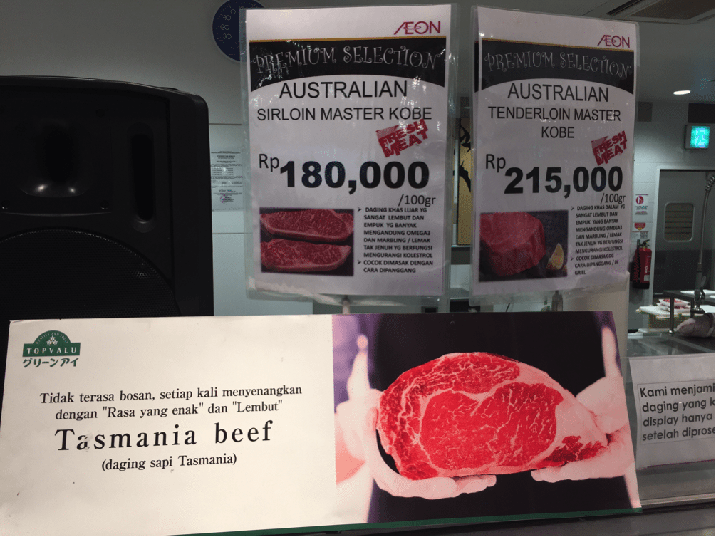 Photo taken last week in an upscale supermarket on the outskirts of Jakarta. Prices displayed are per 100 grams i.e. AUD$18 and $25 per 100 grams of each.