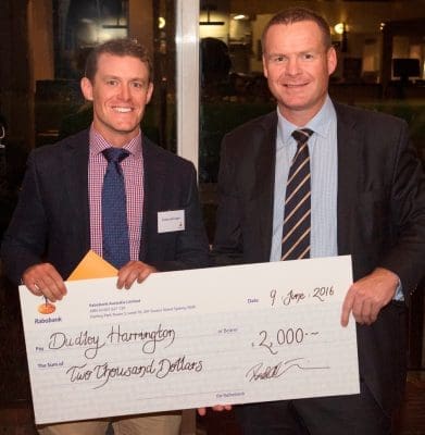 Award recipient Dudley Harrington with Rabobank Australia national manager Country Banking Todd Charteris.
