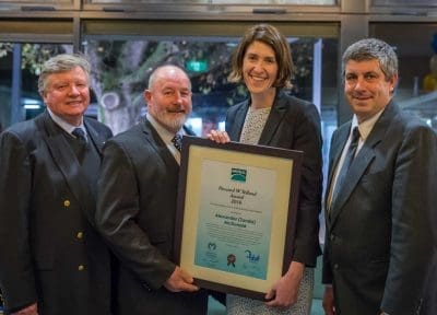 From left, ABIF chair John Gunthorpe, Education Trust Ivan Pyke, Merial Autsralia, Marjorie Dayley representing the McDonald family, and Rob Yelland grandson of Howard Yelland.