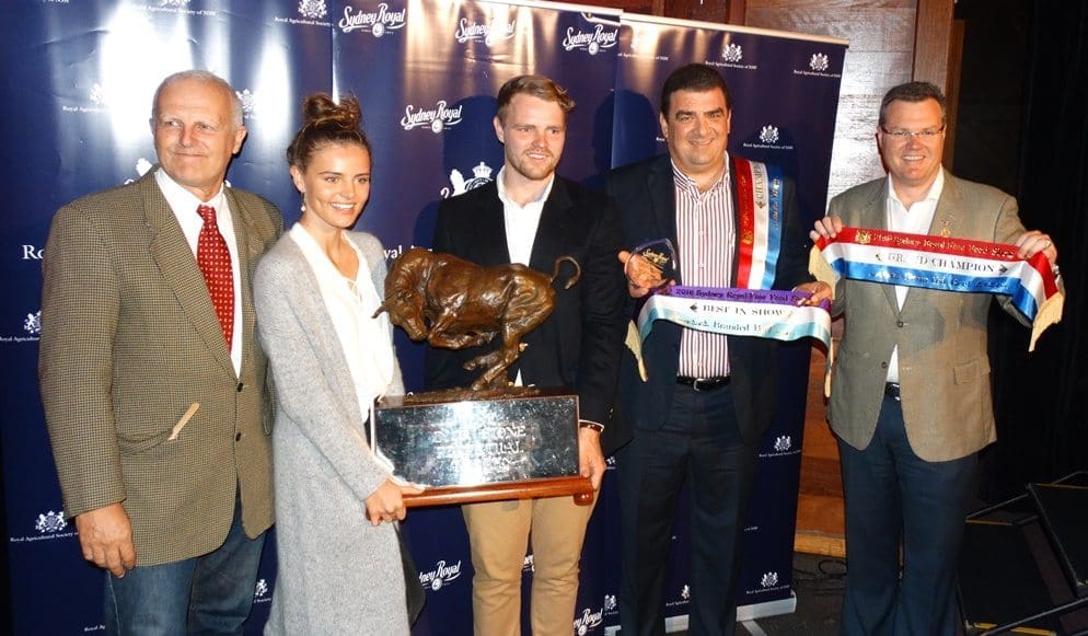 The Stone family presented the Dick Stone perpetual trophy for grand champion grainfed branded beef to AA Co CEO Jason Strong, joined by Stuart Davies from the RAS