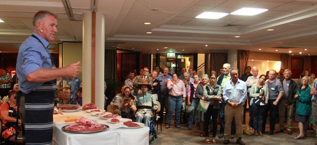 MSA's Kelly Payne explains seam cutting of blade muscles to a producer audience in Toowoomba 