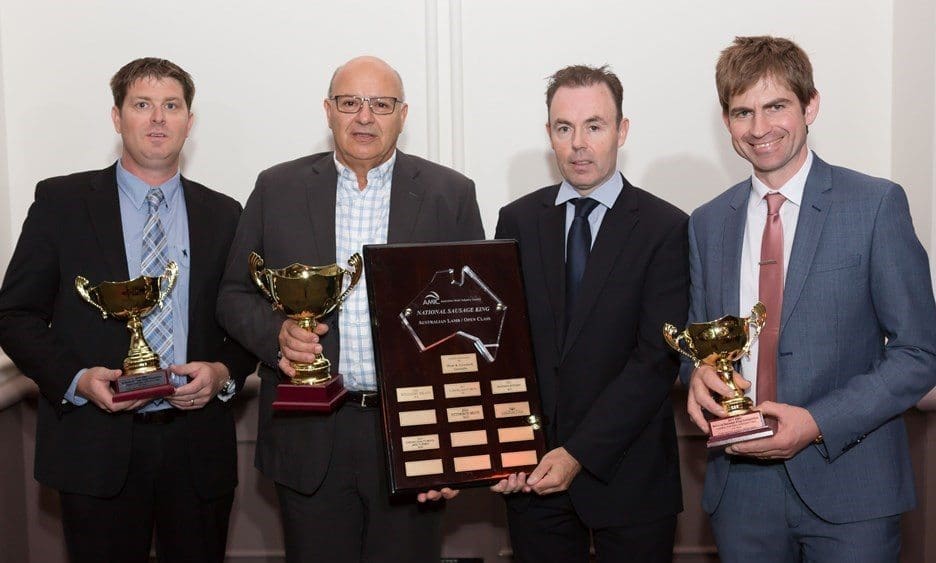 Winner of the Australian lamb division in the National Sausage Kings final in Hobart, Joe DiFulvio, Crimea Meats, Morley, WA, with sponsor Gary McAlister, MLA, and runners-up Robert Constable, Singleton, NSW and Nigel Birrell, Legana, Tasmania.