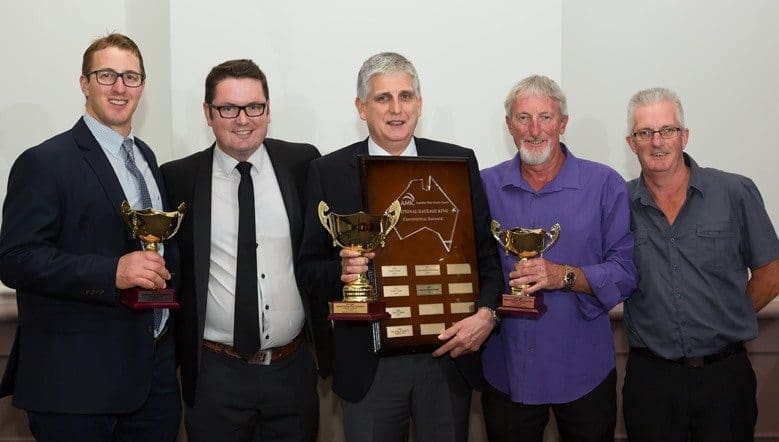 Winner of the Continental division in the National Sausage Kings final in Hobart, Greg Fitzpatrick, Euromaster Smallgoods, St Peters, NSW, with sponsor Owen Davies, GAP Solutions and runners-up Nathan Walmsley, WA Council Chairman accepting for Dave Barbaro, Como, WA and Dave & Noel Dillon, Hobart, Tas.
