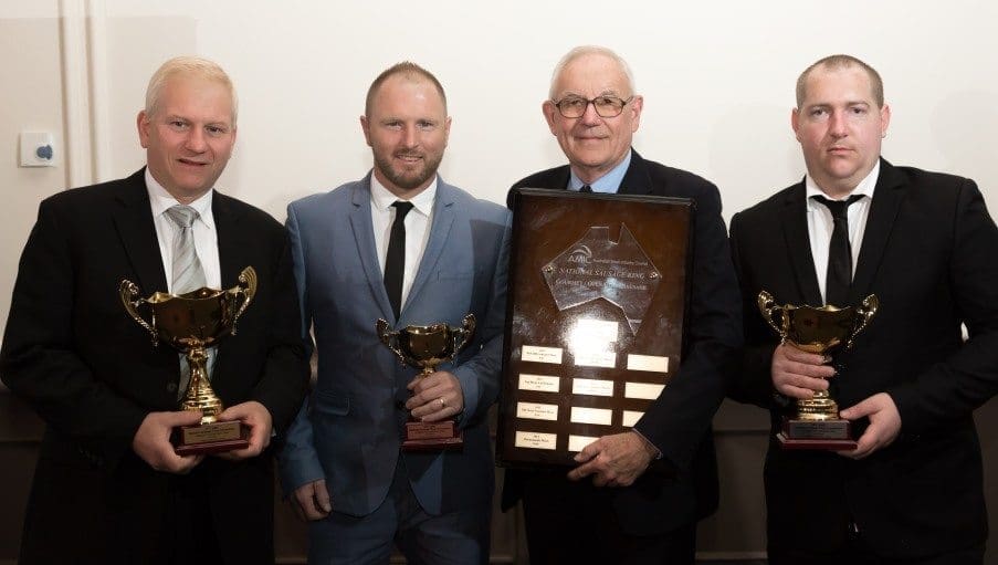 Winner of the gourmet division in the National Sausage Kings final in Hobart, Franz Knoll Barossa Fine Foods, Elizabeth West, SA, with runners-up Andrew Loveday, Burleigh Waters, Qld and Jake Forbes Kariong NSW, and AMIC’s Kevin Cottrill representing sponsor Corona Manufacturing.