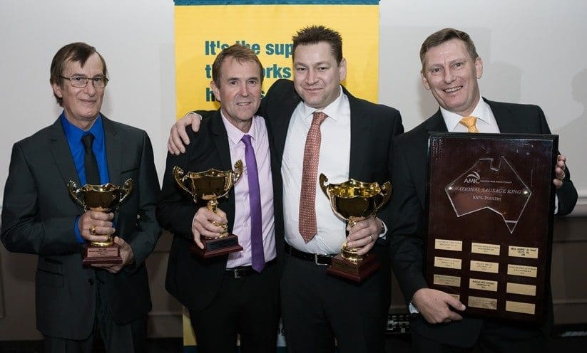 Winner of the poultry division in the National Sausage Kings final in Hobart, Pierre Mastromanno, The Steak and Wine Co, Highett, Vic, with sponsor Steve Fleming, AMIST and runners-up Shane Mundy, West Hobart, Tas and Garry Leeson, Ocean Shores, NSW.