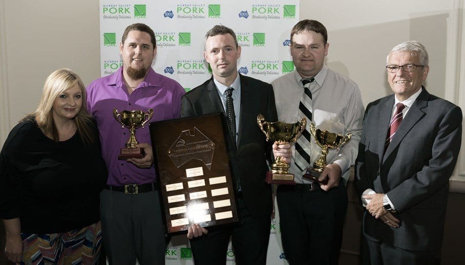 Winner of the traditional pork division in the National Sausage Kings final in Hobart, Martin Timms, Farmgate Fresh Cut Meats, Bathurst, NSW with sponsors Maria Pitman, Murray Valley Pork and Peter Smith, APL, with runners-up Paul Walker, Mt Gambier SA and Mitchell Perkins, Kandanga, Qld.