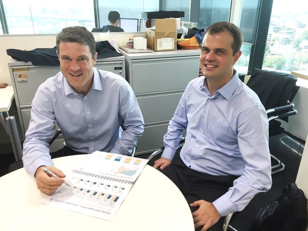 Rabobank Brazil economic analyst Adolfo Fontes with his Australian equivalent, Angus Gidley-Baird in Brisbane yesterday