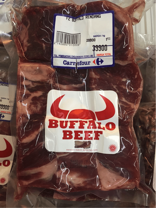 500gm pack frozen Buffalo beef in Carrefour = Rp80,000 per kg/AUD$8.